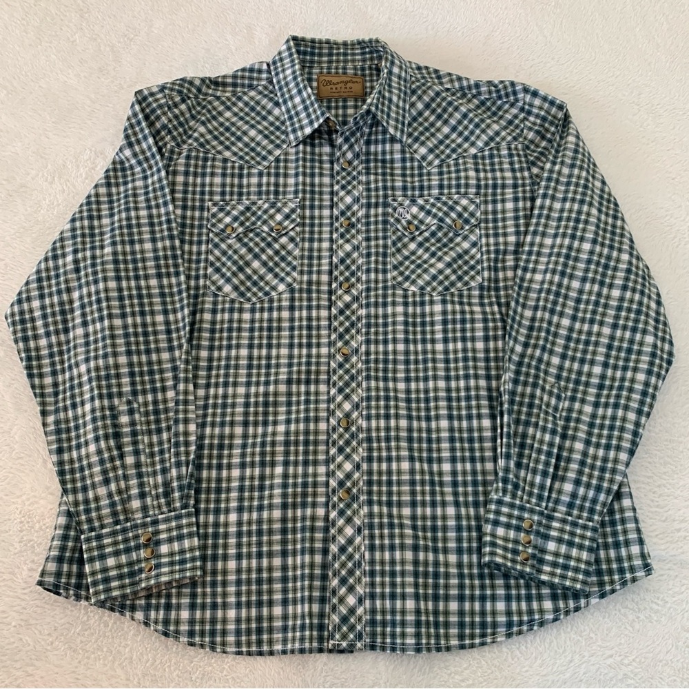 Men’s XXL WRANGLER RETRO Blue Green Plaid Pearl Snap Western Cowboy Cotton Shirt